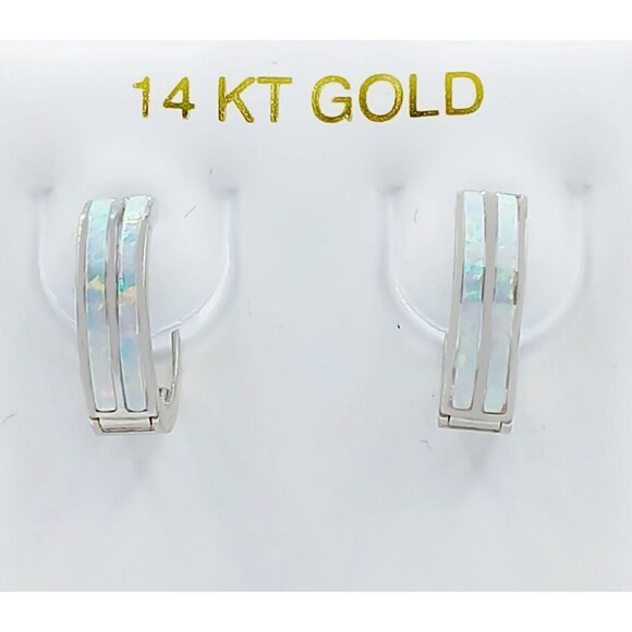 Genuine 2.10 Cts Double Row Opal Huggie Earrings 14k White Gold